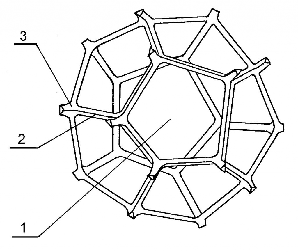Модель в виде пентагонального додекаэдра.  1 - открытые сквозные полости, 
2 – ребро, 3 - точка соединения четырех ребер